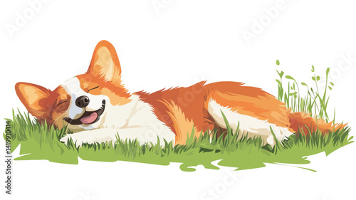 A stylized illustration of a corgi lying on its side in a bright green field of grass. The dog is animated and cartoonish, with exaggerated features that show a wide field of vision.