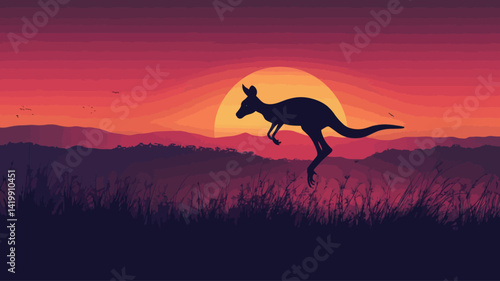 A stylized vector illustration of a kangaroo silhouetted against a dramatic sunset. The kangaroo is in a hopping position and its silhouette is clearly visible against a gradient background. Color