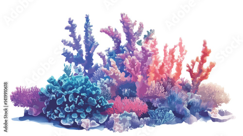 This high-resolution digital illustration depicts a cluster of corals in a range of pastel shades of pink, purple, blue, red and orange. The corals are varied in shape and have a branching appearance.