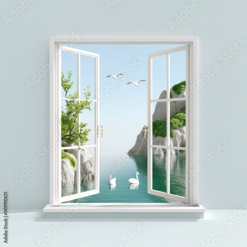 Serene Landscape View Through Open Window with Swans and Mountains
