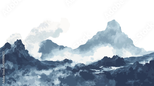This work shows a stylized landscape painting of a mountain range shrouded in mist. Colors are limited to varying shades of blue, creating a monochromatic effect.