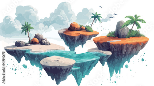 A digital painting depicts a bizarre scene of several floating tropical islands. The islands are rendered in a stylized painterly style, showing a variety of textures, from smooth to