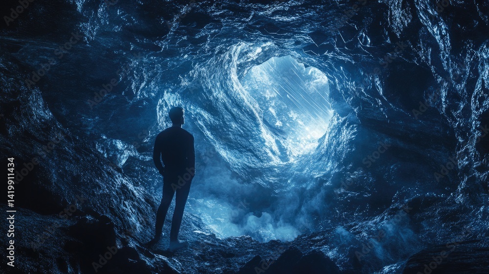 Fototapeta premium A man staring into a deep abyss inside an unknown cave, the echoes stretching beyond time.
