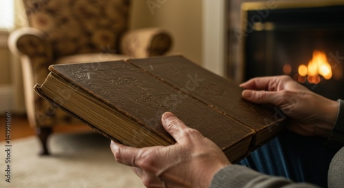 Reading Book by Fireplace Photo