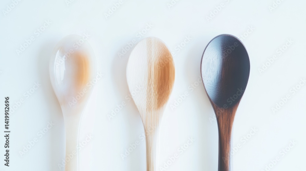 Three Detailed Wooden Spoons Exhibiting a Range of Colors and Distinct Textures in a Sequential Display Three Detailed Wooden Spoons Exhibiting a Range of Colors and Distinct Textures in a Sequential Display