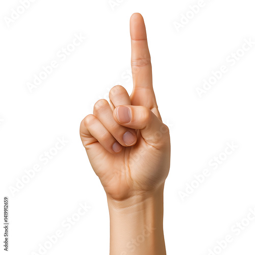 Male hand with index finger pointing up on white and transparent background