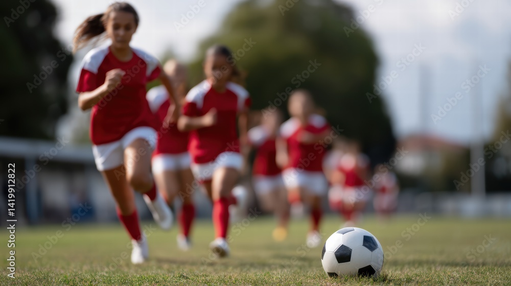 Fototapeta premium Teenage girls in red uniforms running on soccer field, focused on ball. excitement of game is palpable as they strive for victory