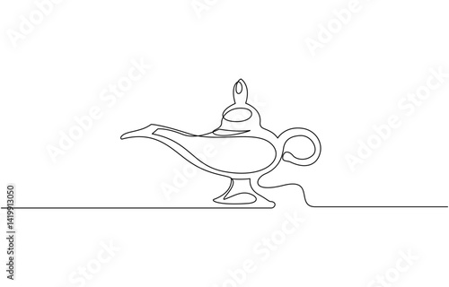 Continuous line of aladin's lamp. single line of classic aladdin lamp vector, Gin lamp one line vector design flat vector icon, vintage aladin teapot continuous line on white.