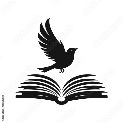 Bird flying through an open book silhouette black color logo on white background