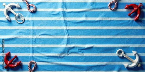 Blue and white striped tablecloth with anchors and ropes, sailing, nautical