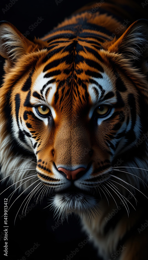 Fototapeta premium Majestic tiger portrait dramatic lighting intense gaze. AI Generated