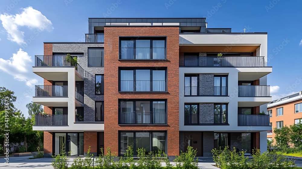 Modern Apartment Building Facade with Balconies and Brick and Stone Exterior Modern Apartment Building Facade with Balconies and Brick and Stone Exterior