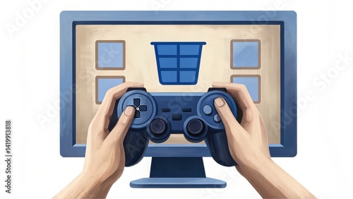 Wallpaper Mural Digital gaming interface with hands holding a controller and a shopping cart on screen. Torontodigital.ca