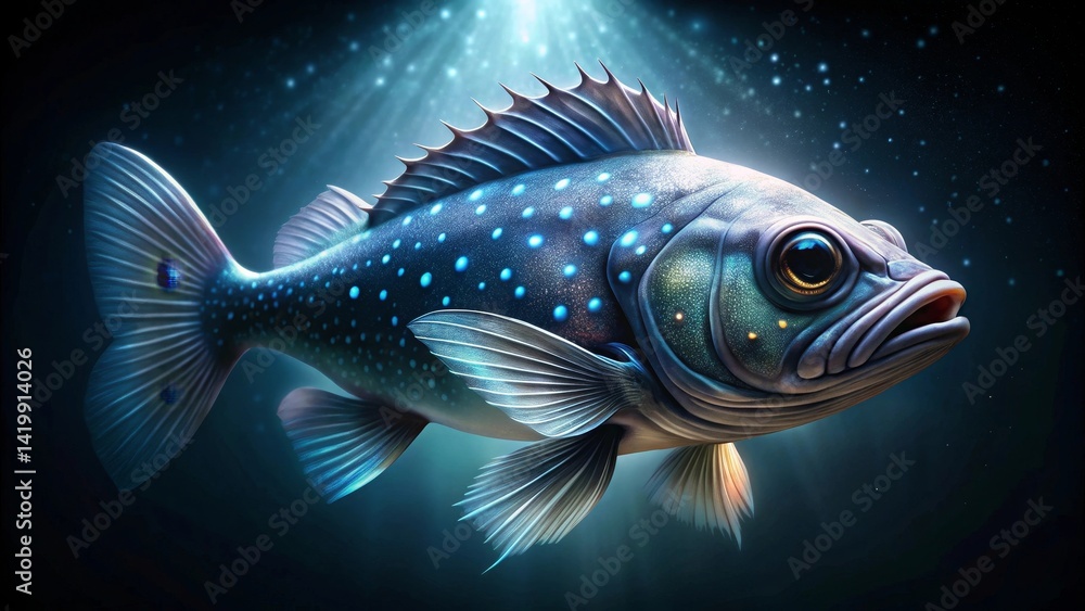 A Deep-Sea Dweller Illuminated by an Ethereal Glow, Exhibiting Intricate Fin Detail and Luminescent Spots A Deep-Sea Dweller Illuminated by an Ethereal Glow, Exhibiting Intricate Fin Detail and Luminescent Spots