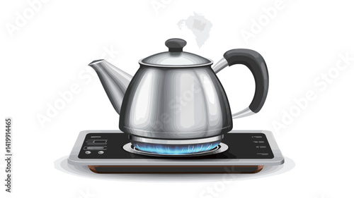 Studio close-up: A stainless steel kettle with a black handle rests on a black rectangular hot plate. A small blue flame under the kettle indicates that it is heating up.
