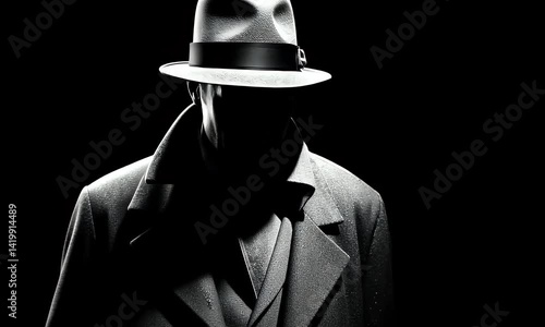 Silhouette of a person in a fedora and trench coat, shrouded in shadows against a dark background, a study in film noir style