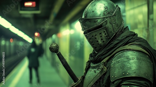 A medieval nobleman in full regalia, confusedly staring at a modern subway station.