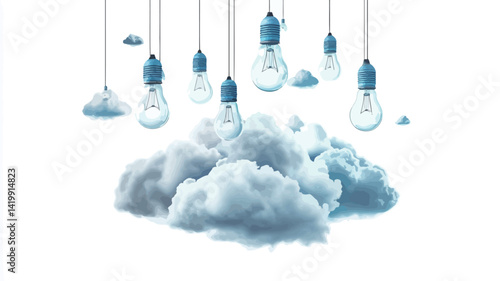 A digital 3D rendering depicts a fluffy, textured cumulus cloud centered against a pure white background. Multiple incandescent light bulbs are shown in realistic detail.