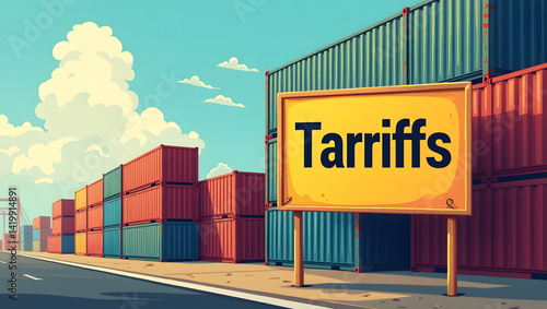Tariffs sign at a port symbolizing trade war and economic tensions