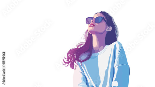 A digital illustration of a young woman rendered in a vector art style. The artwork is done in soft tones with gradient shades of purple and pink.
