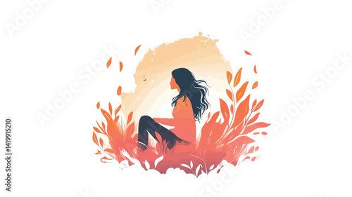 A digital illustration of a female figure with long dark hair sitting sideways. She sits in a soft, contemplative pose.