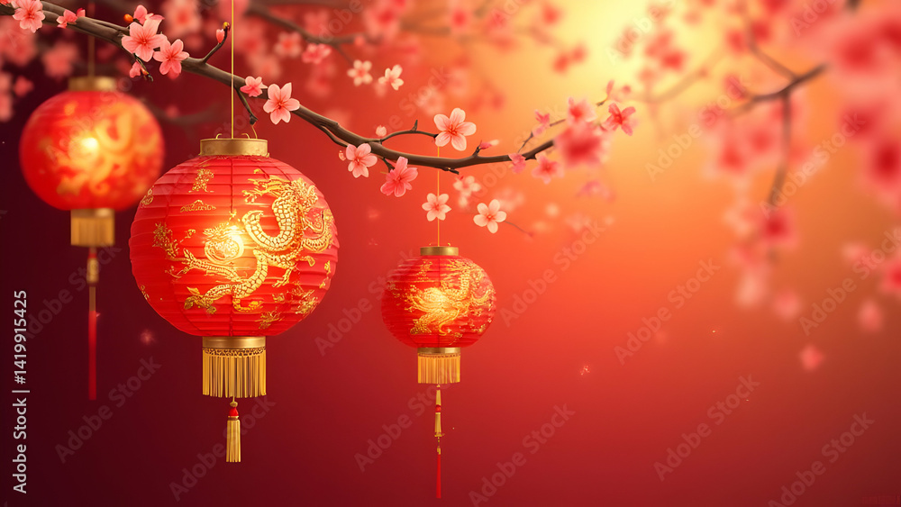 Two red lanterns with gold trim hanging from a tree Two red lanterns with gold trim hanging from a tree