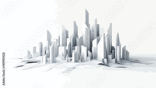 The image shows a stylized, abstract cityscape rendered entirely in white tones against a pure white background. The architectural forms are simplified geometric shapes.