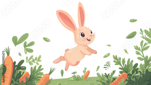 This vibrant vector illustration shows a light peach bunny hopping, its body slightly arched and its limbs stretched out. The bunny has large, expressive eyes.