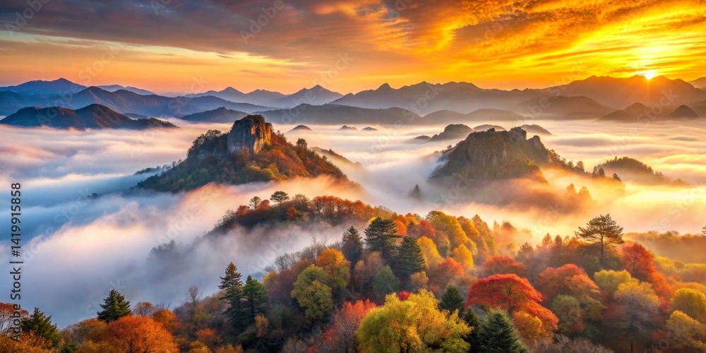Naklejka premium Autumnal Mountain Majesty A Golden Sunrise Bathes Misty Peaks in Warm Light, Revealing Vibrant Foliage Below