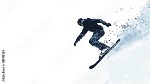 A dynamic high angle close-up of a skier silhouetted in mid-air against a bright white background.