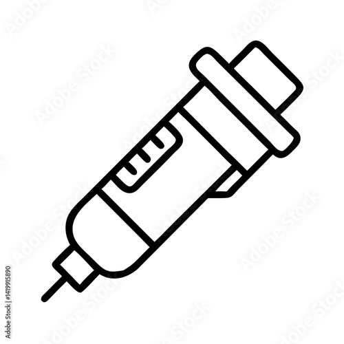 Minimalist outline icon of medical syringe with plunger and needle, black line vector illustration of injection device on white background
