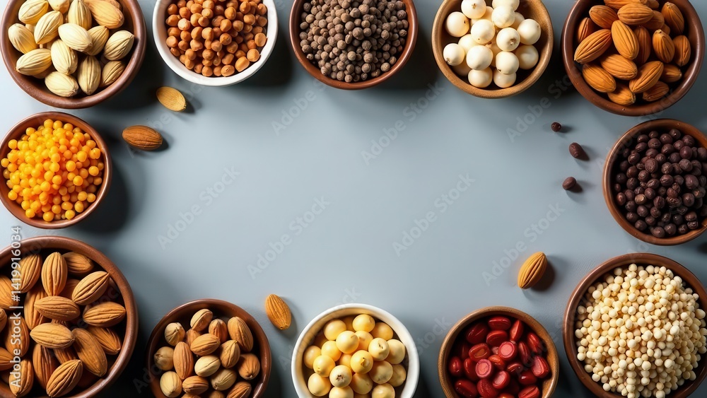 Fototapeta premium A Bountiful Selection of Wholesome Nuts and Seeds Arranged in Small Bowls on a Smooth Surface