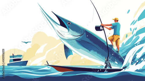 This vibrant vector illustration depicts a smug angler standing in a small boat with a large marlin in a dynamic pose.