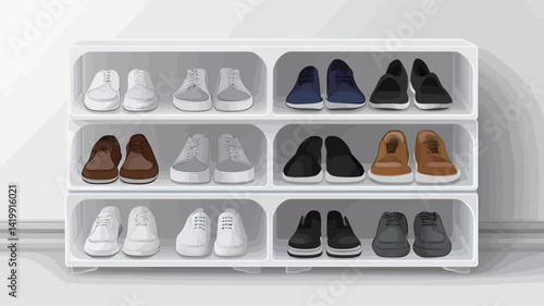 The image shows a crisp white plastic shoe rack, leaning against a stark white wall. The rack consists of rectangular compartments, each containing pairs of shoes.