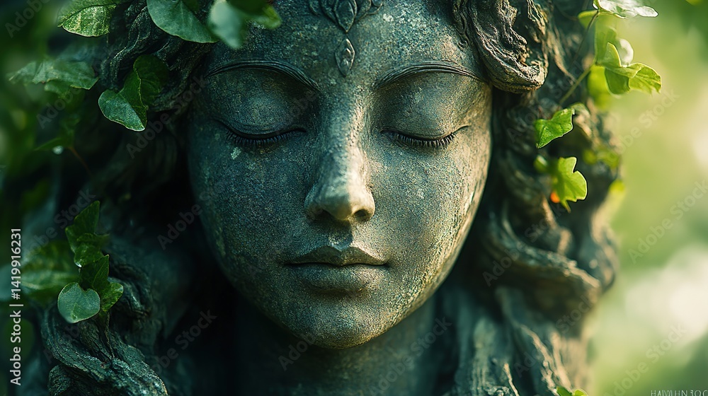 Fototapeta premium Stone statue of a woman with eyes closed surrounded by green foliage.