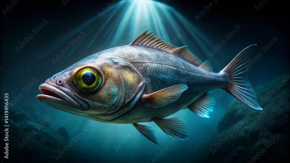 A solitary deep-sea fish with iridescent scales swims through the inky blackness, illuminated by a beam of light from above. A solitary deep-sea fish with iridescent scales swims through the inky blackness, illuminated by a beam of light from above.