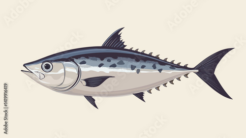 A detailed vector illustration of Atlantic skipjack tuna (Sarda sarda) on a light beige background. The illustration is drawn in a stylized, almost painterly technique.