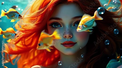 Beautiful woman with red hair underwater surrounded by fish and bubbles, HD footage.