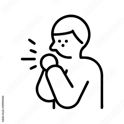 Minimalist outline icon of person coughing into hand, black line vector illustration of cold, flu or respiratory symptom on white background