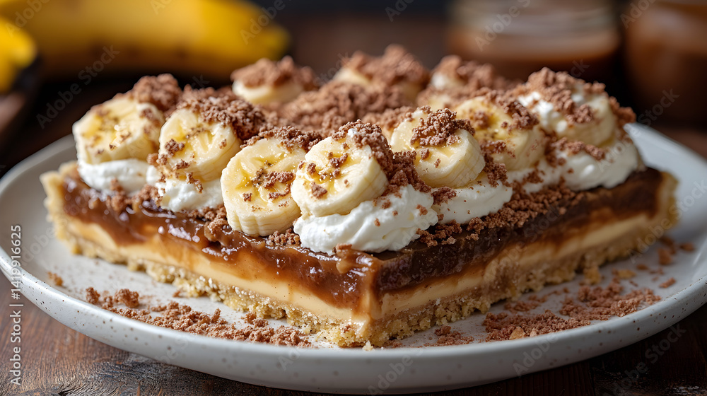 Banoffee pie with banana slices, toffee filling, and cream topping on white plate Banoffee pie with banana slices, toffee filling, and cream topping on white plate