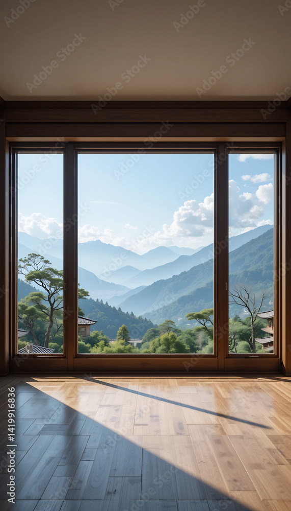 Fototapeta premium Serene mountain view through large window bright sunlight warms wood floor. AI Generated