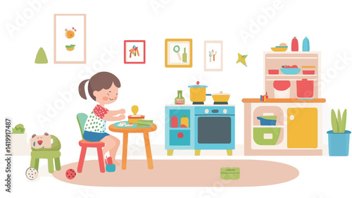 A vector-style digital illustration of a little brown-haired girl sitting at a small table in a brightly colored toy kitchen. The girl is role-playing and appears to be cooking.