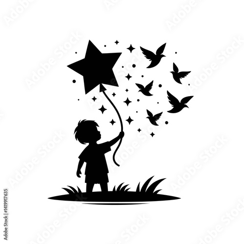 Black silhouette vector of a child holding a star balloon turning into birds, logo style, on white background