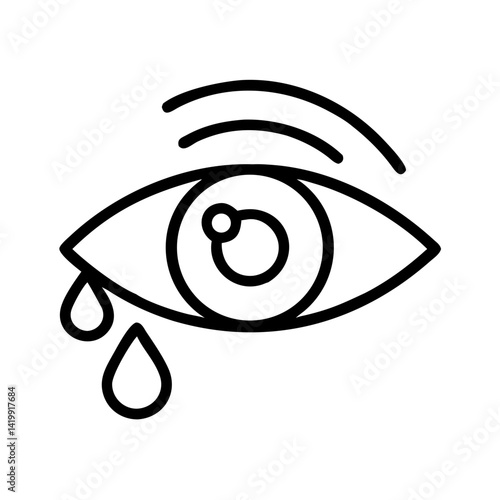 Minimalist outline icon of crying eye with teardrops and irritation lines, black line vector illustration of allergy or sadness on white background