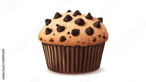 A digitally rendered close-up of a chocolate chip muffin against a plain white background. The muffin is rendered in great detail, showing its texture and color variations.
