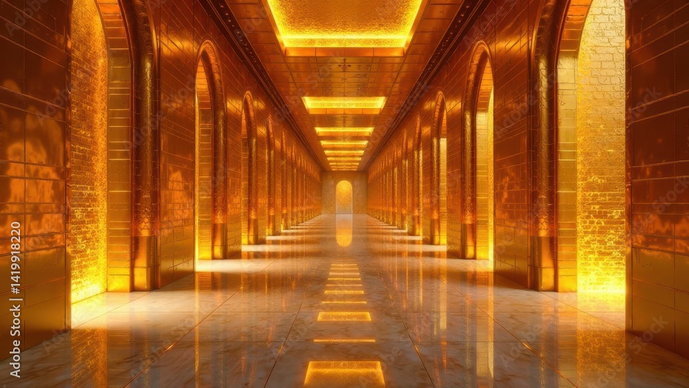 A Luxurious Golden Hallway with Archways and Reflective Flooring Leading to a Bright End A Luxurious Golden Hallway with Archways and Reflective Flooring Leading to a Bright End