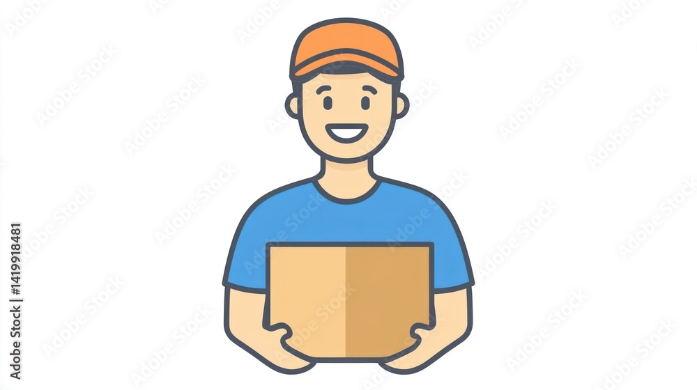 Happy delivery man holding package, white background, website icon Happy delivery man holding package, white background, website icon