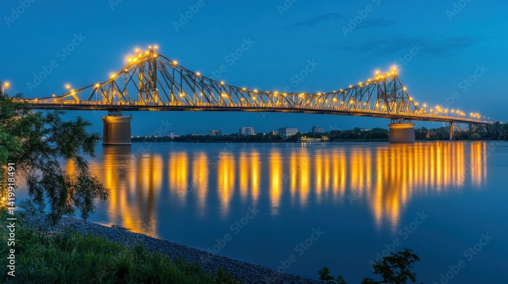 The illuminated bridge spans a wide river at twilight hours The illuminated bridge spans a wide river at twilight hours