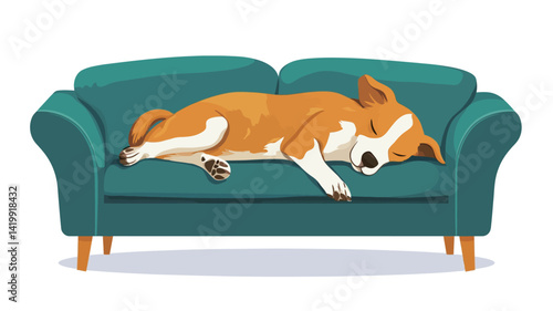 The vector image depicts a light brown and white dog, probably a small to medium breed, peacefully sleeping on a teal loveseat. The dog is stretched out.
