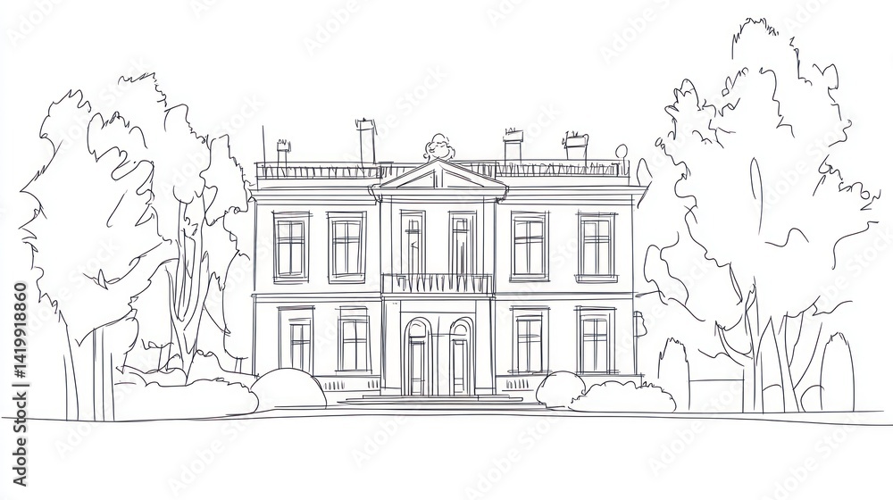 Obraz premium Elegant Mansion Architectural Sketch: A Classic Design in Line Art